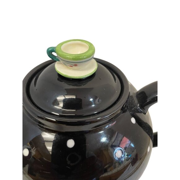 Department 56 Tea Pot Party Black White Polka Dot Teapot 5" x 9" Read - Picture 9 of 11